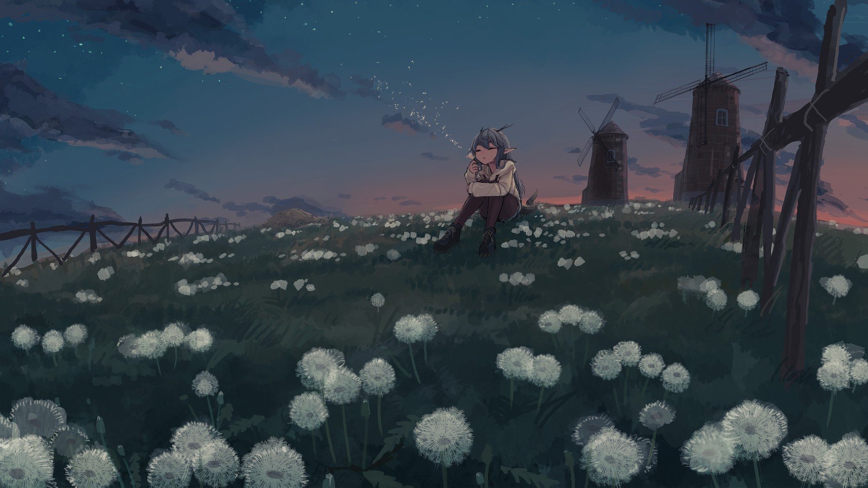 windmills, Stars, Flowers, Landscape, Anime girls Wallpaper