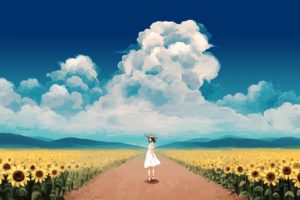 anime girls, Dress, Sunflowers, Clouds, Looking back