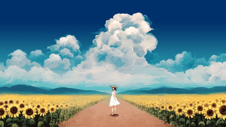 anime girls, Dress, Sunflowers, Clouds, Looking back HD Wallpaper Desktop Background