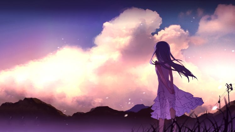 anime, Anime girls, Ano Hi Mita Hana no Namae wo Bokutachi wa Mada Shiranai, Clouds, Dress, Honma Meiko, Sunset HD Wallpaper Desktop Background