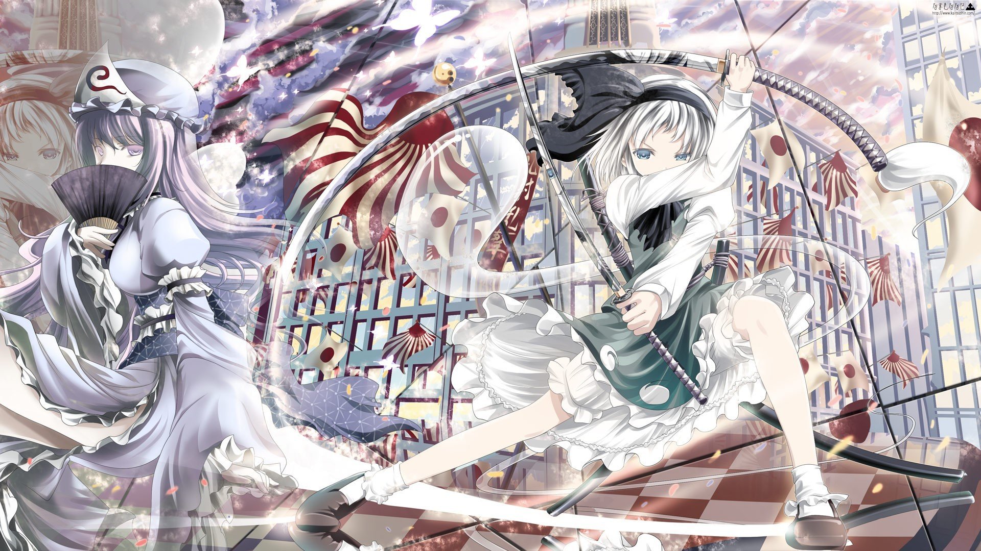 Touhou, Saigyouji Yuyuko, Konpaku Youmu, Women with swords, Sword, Japanese flag Wallpaper