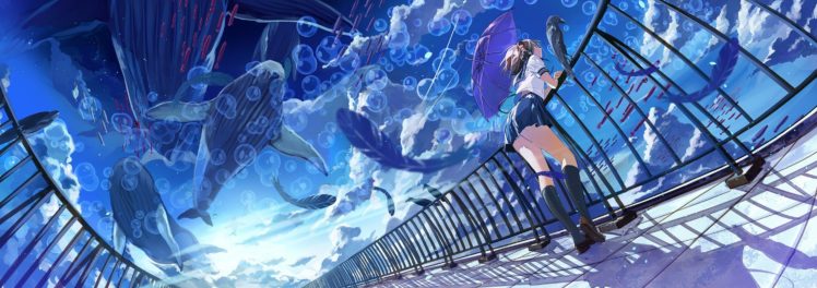 umbrella, Fish, School uniform, Anime girls, Clouds, Whale, Headphones, Bubbles HD Wallpaper Desktop Background