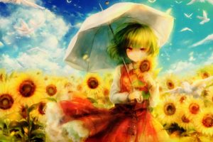 sunflowers, Umbrella, Birds, Anime girls
