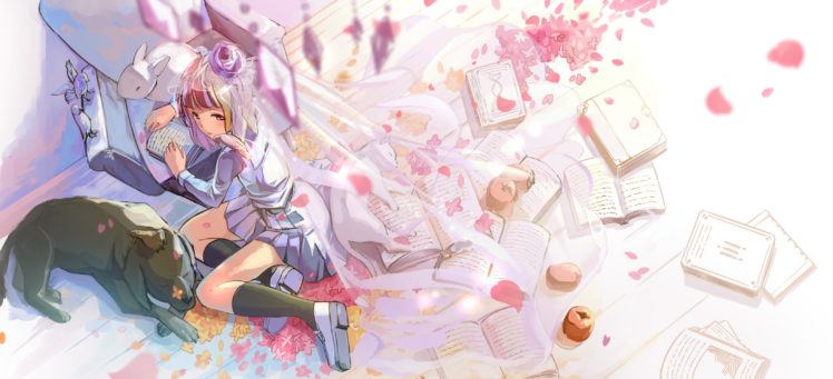animals, Anime, Cat, Anime girls, Skirt, School uniform, Books, Dog, Birds, White Rabbit HD Wallpaper Desktop Background