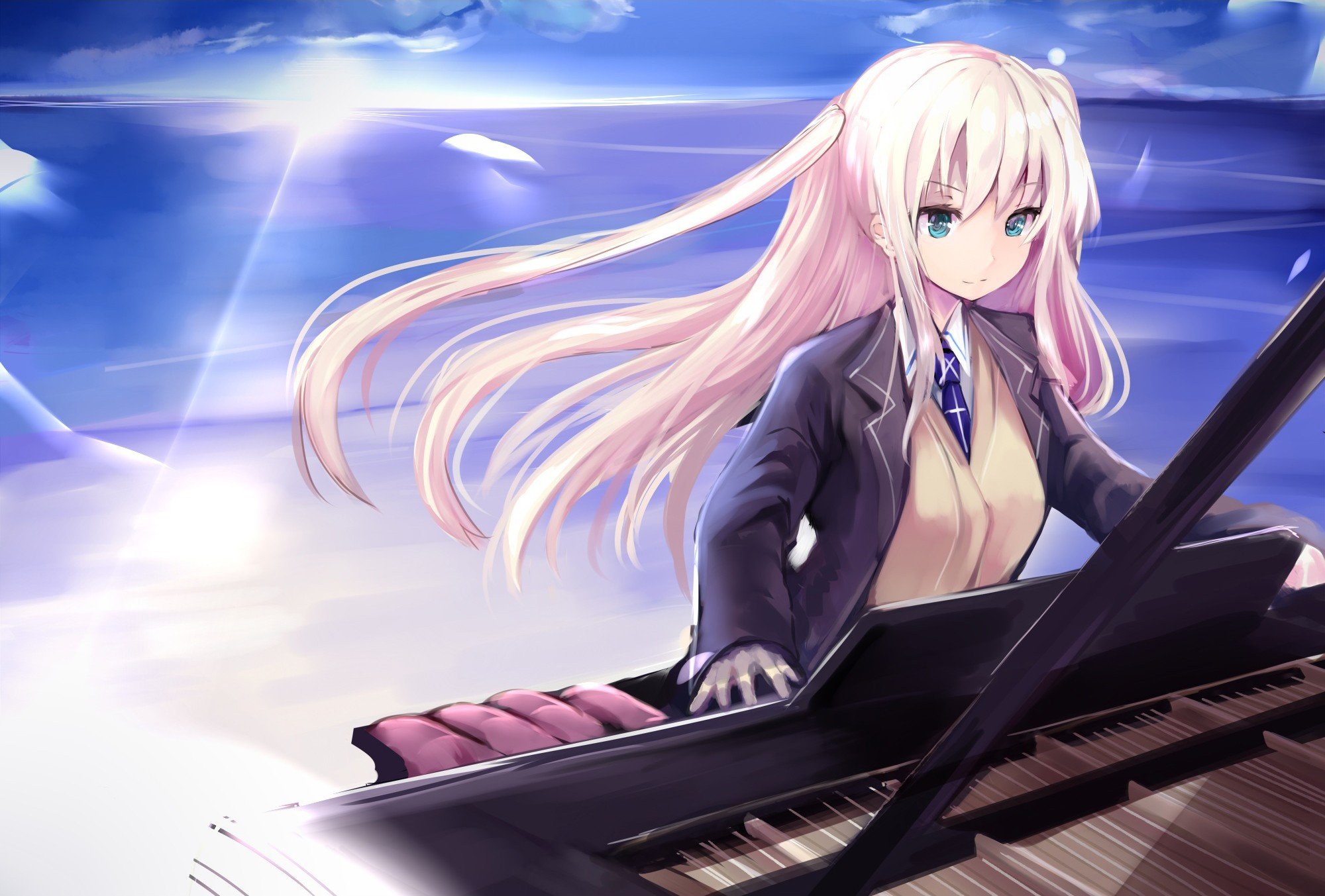 anime girls, Piano, Sea, Beach Wallpaper