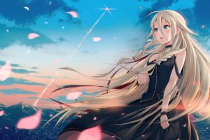 Vocaloid, IA (Vocaloid), Black dress, Crying, Long hair, Flower petals, Mountain, Sky, Clouds, Anime girls, Anime