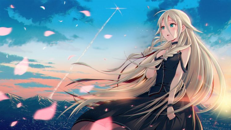 Vocaloid, IA (Vocaloid), Black dress, Crying, Long hair, Flower petals, Mountain, Sky, Clouds, Anime girls, Anime HD Wallpaper Desktop Background