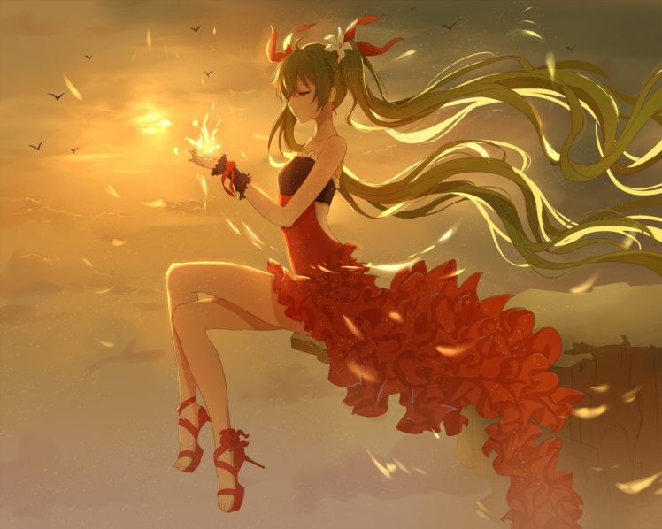 Vocaloid, Hatsune Miku, Red dress, Long hair, Twintails, Birds, Flower in hair, Flower petals, Ribbon, Sky, Clouds, Anime girls, Anime HD Wallpaper Desktop Background