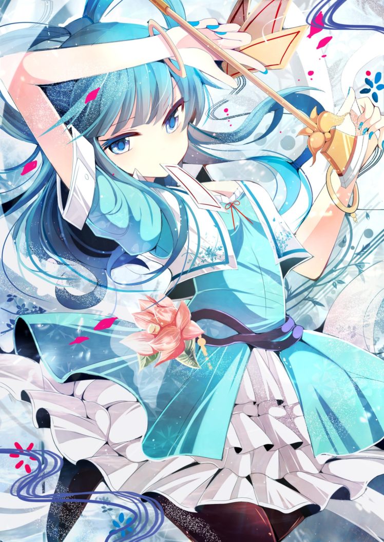 Touhou, Kaku Seiga, Blue dress, Playing cards, Flowers, Jewelry, Thigh highs, Long hair, Ribbon, Anime girls, Anime HD Wallpaper Desktop Background
