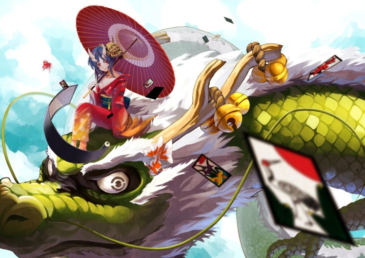 dragon, Umbrella, Horns, Traditional clothing, Bell HD Wallpaper Desktop Background