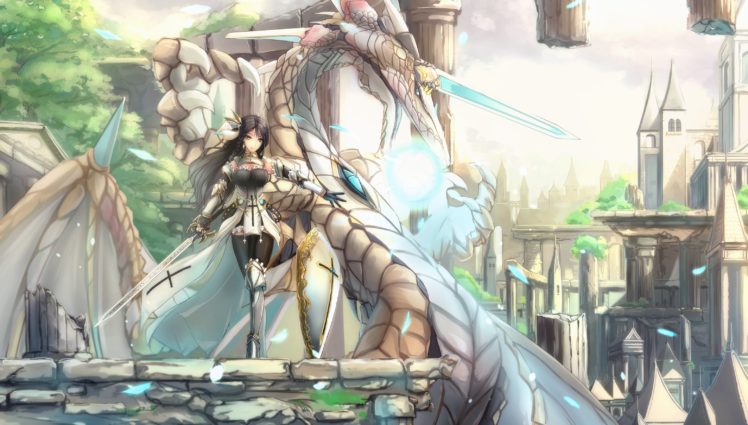 anime girls, Sword, Artwork, Dragon, Armor HD Wallpaper Desktop Background