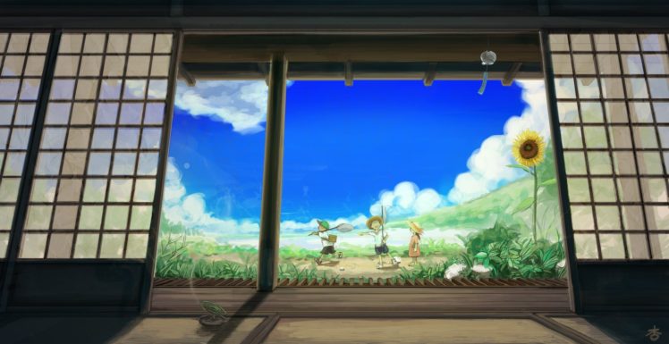 sunflowers, Clouds, Landscape, Children HD Wallpaper Desktop Background
