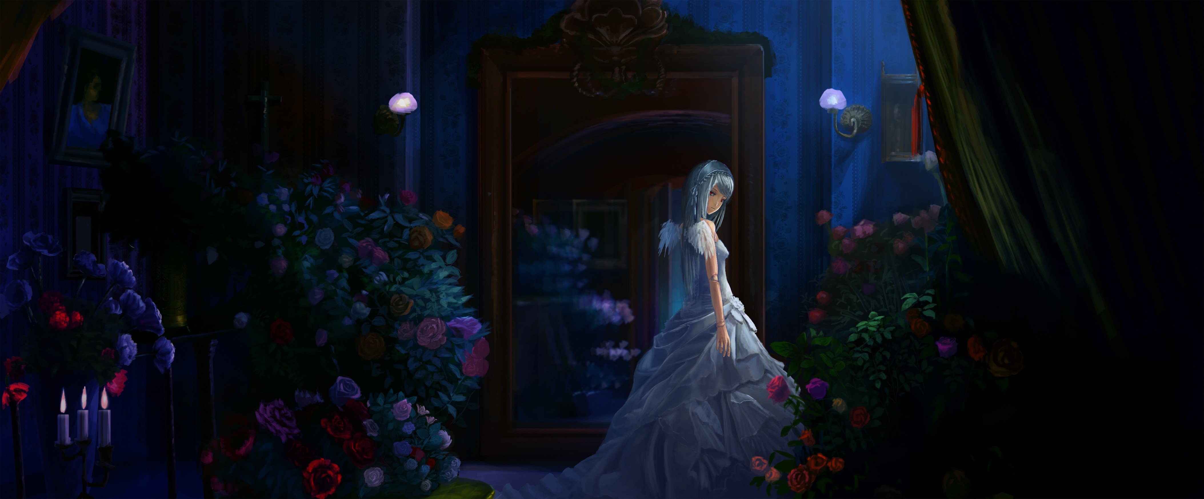 flowers, Dress, Night, Suigintou, Mirror Wallpaper