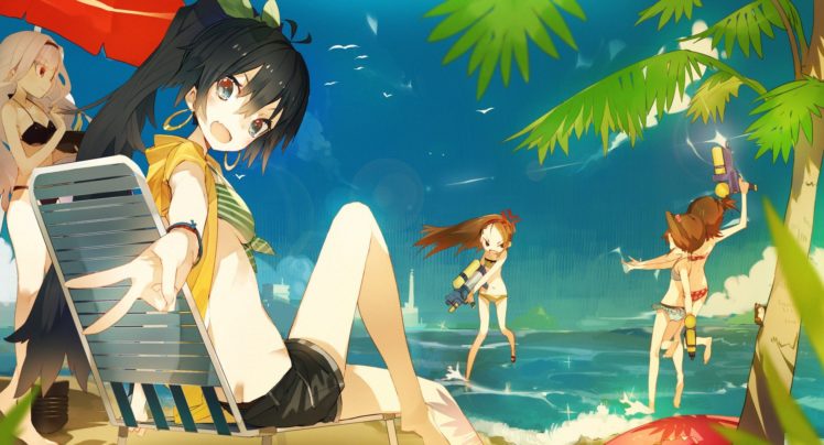 beach, Bikini, Anime girls, Palm trees, Birds, Sea, THE iDOLM@STER, Futami Ami, Futami Mami, Ganaha Hibiki, Minase Iori, Shijou Takane HD Wallpaper Desktop Background