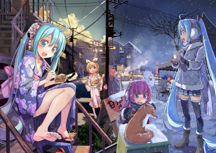 winter, Animals, Snow, Vocaloid, Hatsune Miku, Kimono, Kagamine Rin, Megurine Luka HD Wallpaper Desktop Background