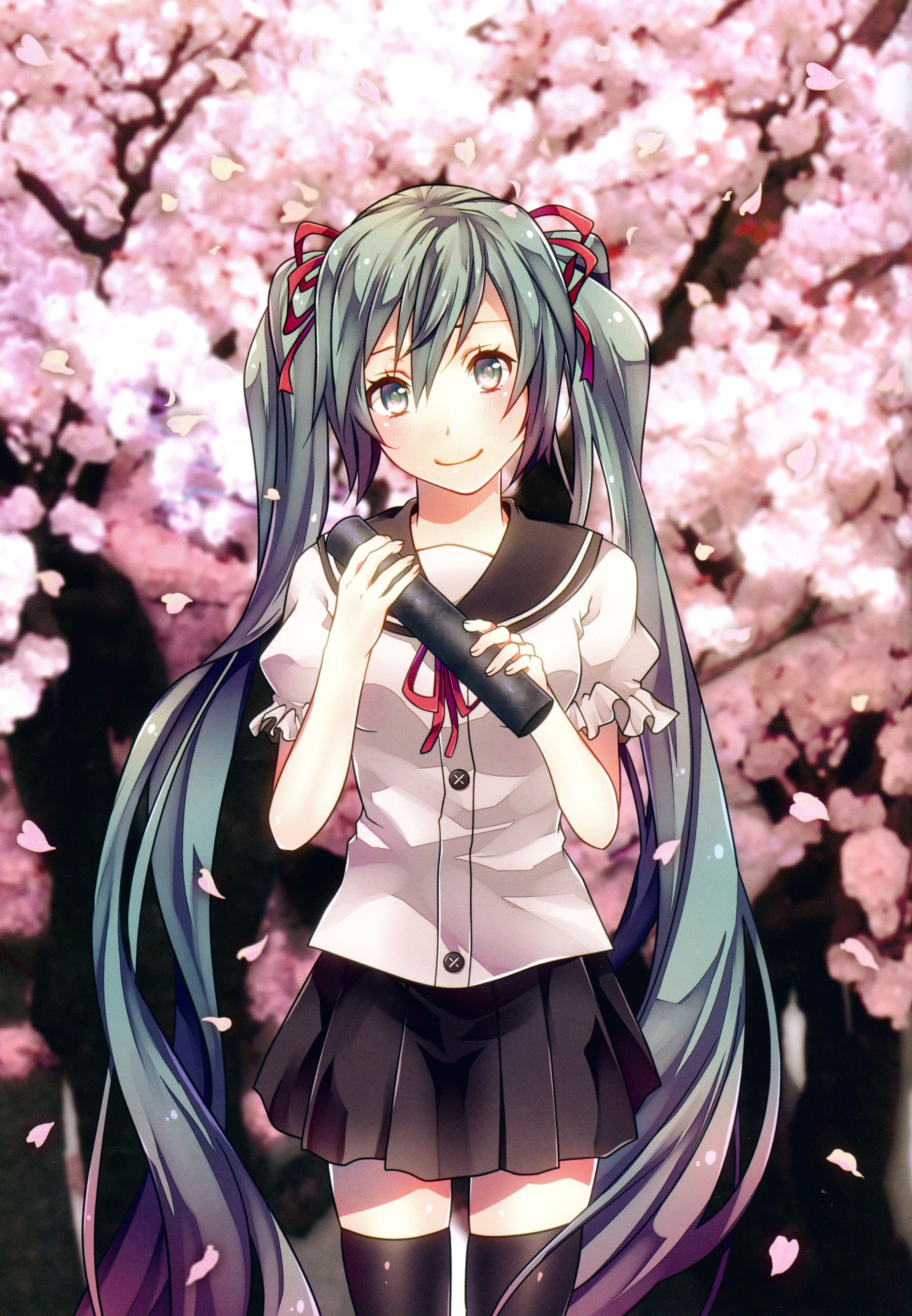 Vocaloid, Hatsune Miku, Long hair, Ribbon, Cherry trees, Flower petals,  Twintails, Skirt, Thigh highs, Anime girls, Anime Wallpapers HD / Desktop  and Mobile Backgrounds, image size:2600x3751