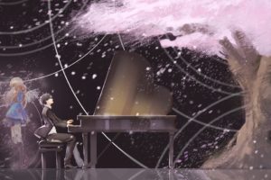 anime girls, Artwork, Shigatsu wa Kimi no Uso, Miyazono Kaori, Arima Kousei, Piano, Violin, Cherry blossom, Manga