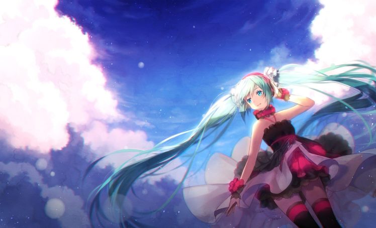 Vocaloid, Hatsune Miku, Long hair, Twintails, Ribbon, Thigh highs, Headphones, Dress, Sky, Clouds, Anime girls, Anime HD Wallpaper Desktop Background