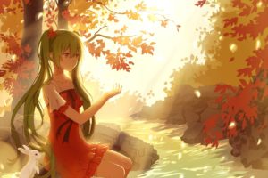 Vocaloid, Hatsune Miku, Red dress, Long hair, Twintails, Ribbon, Forest, Flower petals, Water, Rabbits, Butterfly, Trees, Anime girls, Anime