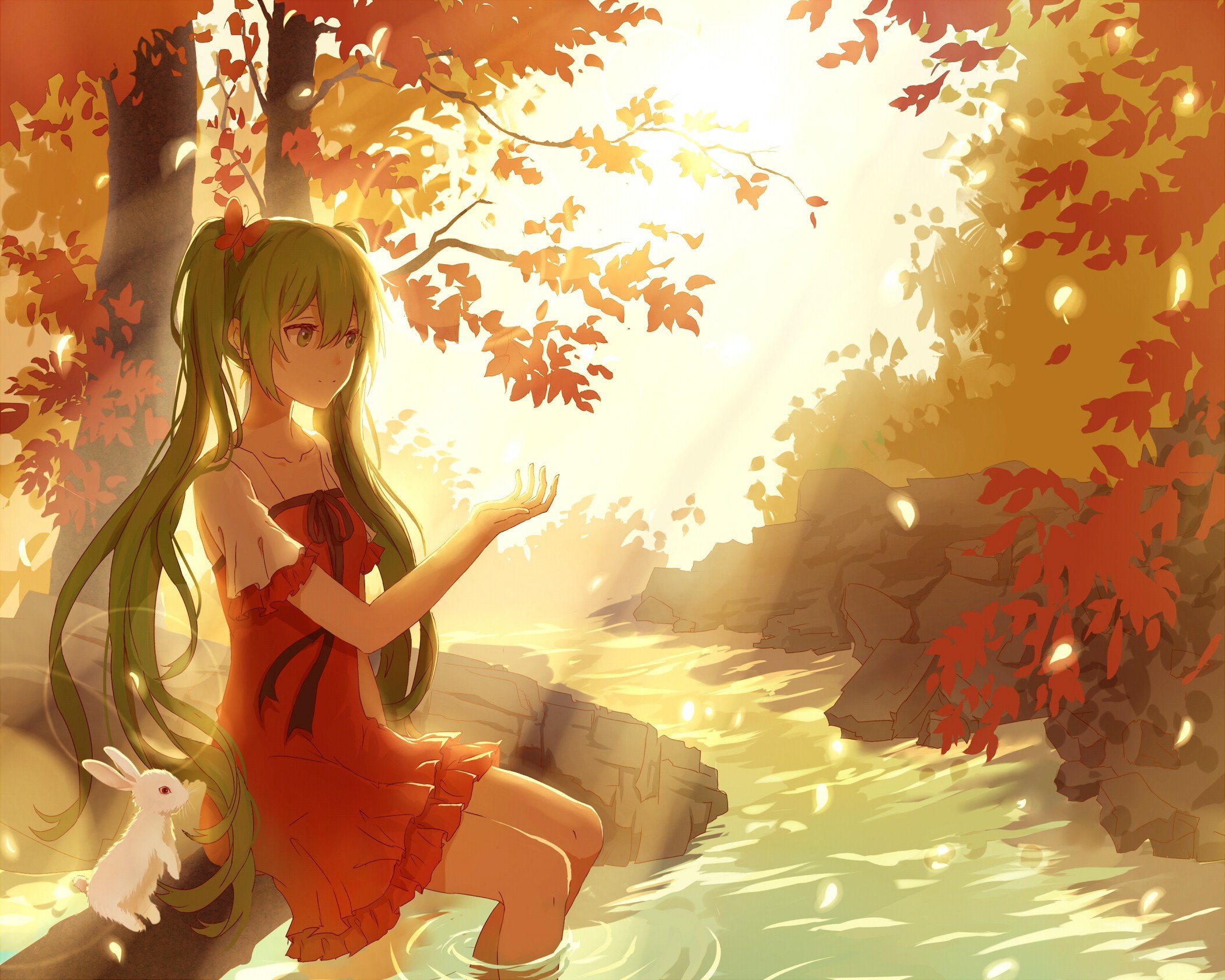 Vocaloid, Hatsune Miku, Red dress, Long hair, Twintails, Ribbon, Forest, Flower petals, Water, Rabbits, Butterfly, Trees, Anime girls, Anime Wallpaper