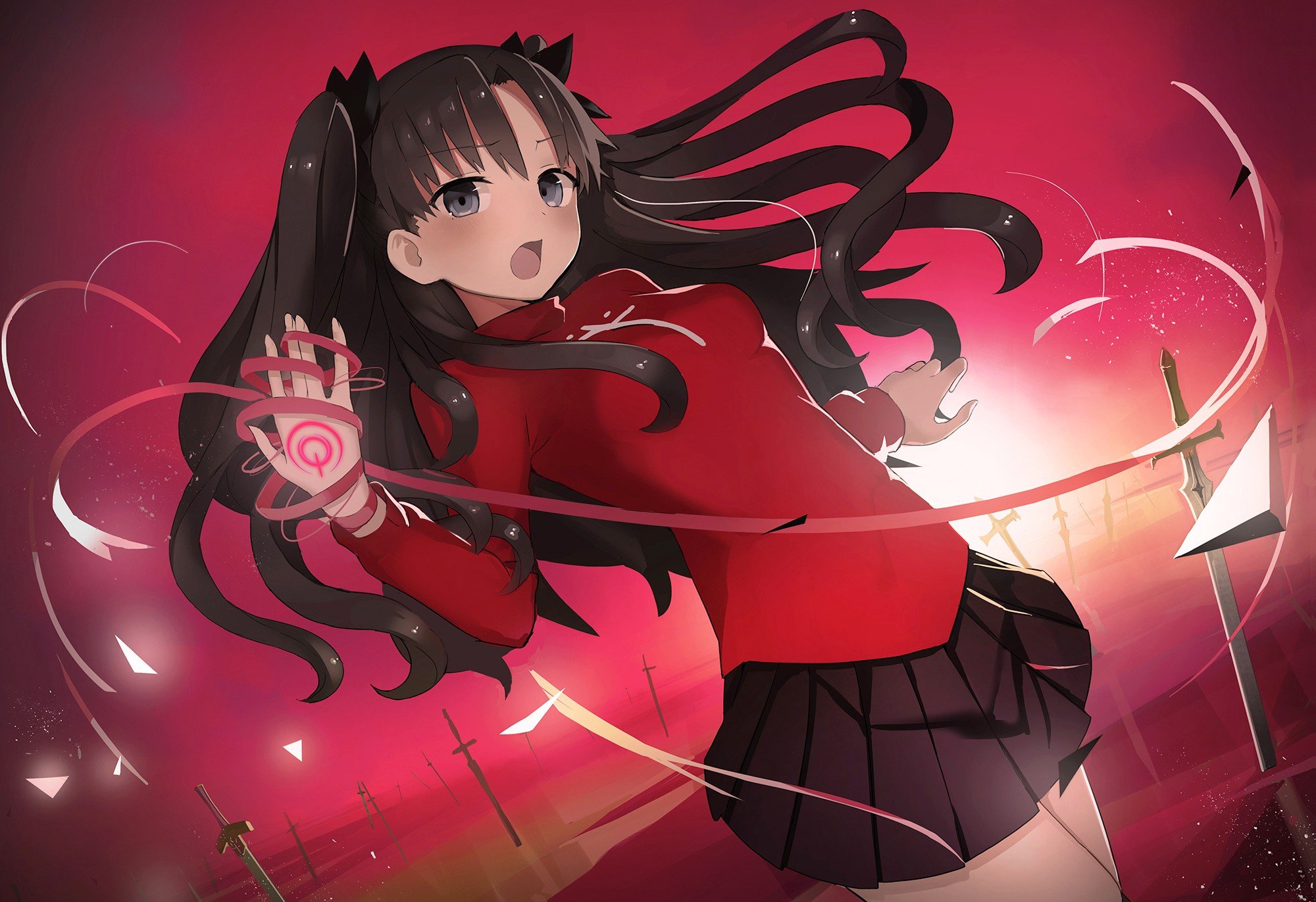 Fate Stay Night, Skirt, Anime, Black hair, Twintails, Anime girls, Red