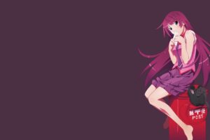 anime, Anime girls, Simple background, Monogatari Series, Senjougahara Hitagi, School uniform, Purple hair, Blue eyes, Long hair, Purple background, Barefoot
