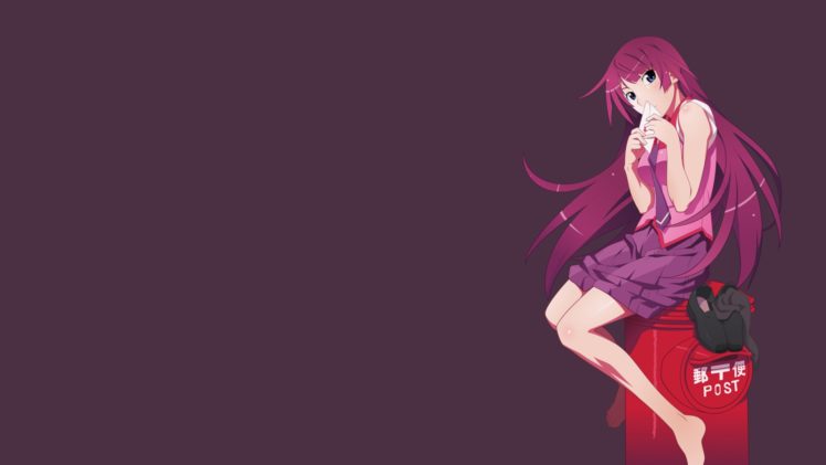 anime, Anime girls, Simple background, Monogatari Series, Senjougahara Hitagi, School uniform, Purple hair, Blue eyes, Long hair, Purple background, Barefoot HD Wallpaper Desktop Background