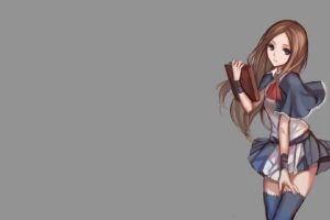 anime, Anime girls, Simple background, Castlevania: Portrait of Ruin, Charlotte Aulin, Blue eyes, Brunette, Skirt, Long hair, Thigh highs, Swd3e2, Gray background