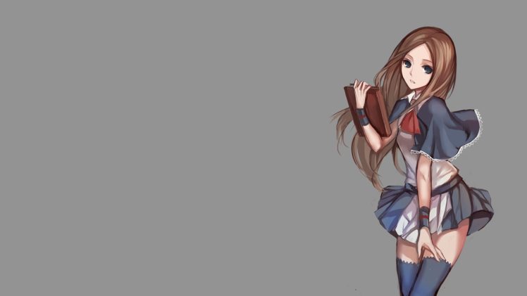 anime, Anime girls, Simple background, Castlevania: Portrait of Ruin, Charlotte Aulin, Blue eyes, Brunette, Skirt, Long hair, Thigh highs, Swd3e2, Gray background HD Wallpaper Desktop Background