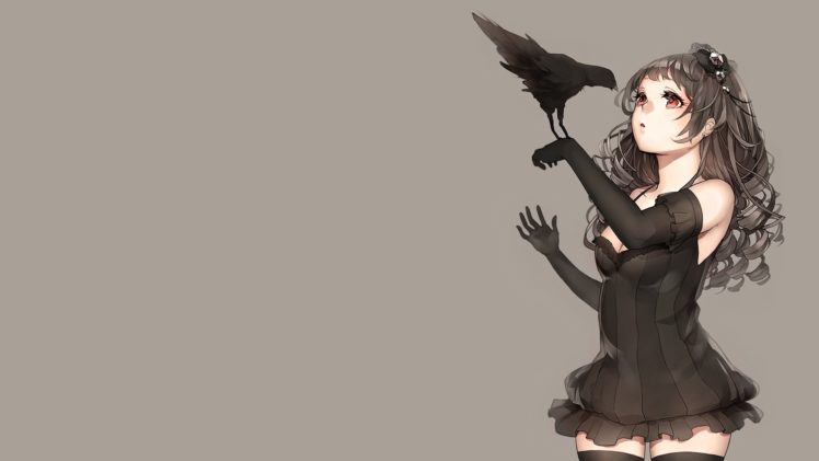 anime, Anime girls, Simple background, Crow, Birds, Black hair, Long hair, Red eyes, Dress, Original characters, Detached sleeves HD Wallpaper Desktop Background