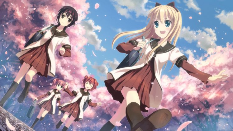 anime, Anime girls, Cherry trees, School uniform, Schoolgirls, Yuru Yuri, Yoshikawa Chinatsu, Funami Yui, Toshinou Kyouko, Akaza Akari, Clouds, Sky HD Wallpaper Desktop Background