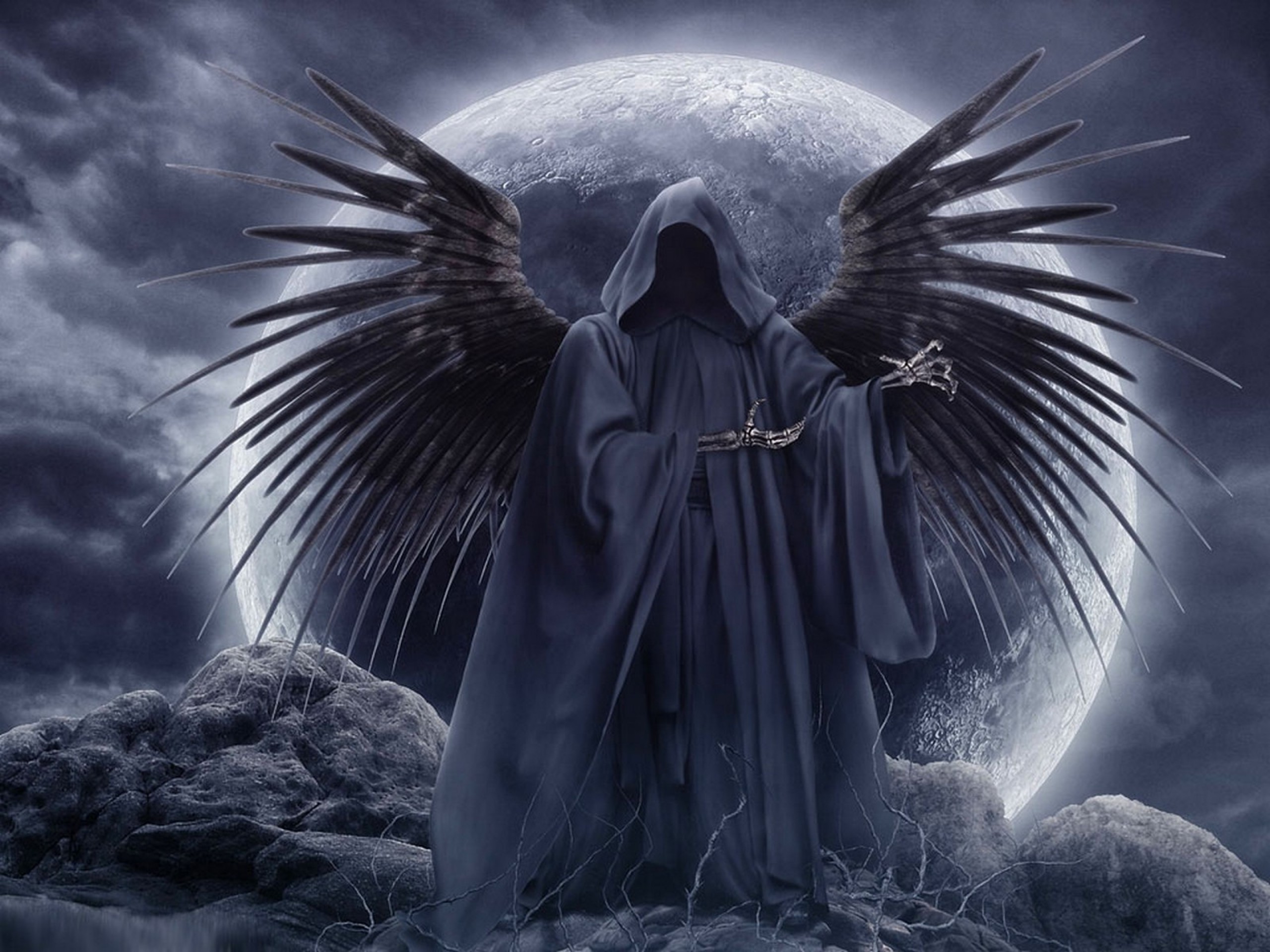 clouds, Wings, Grim, Reaper, Moon, Gothic, Skeletons, Skyscapes Wallpaper