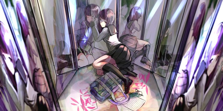 anime, Anime girls, Skirt, School uniform, Schoolgirls, Schoolbags, Mirror HD Wallpaper Desktop Background