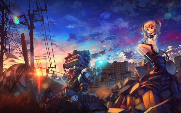 anime girls, Lens flare, Sunset, Clouds