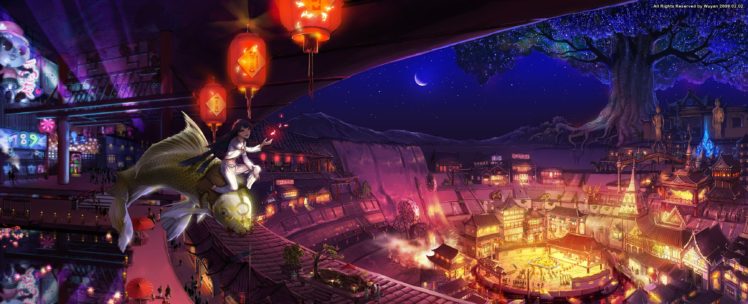 anime, Anime girls, Moon, Fish, Water, Lights, Building, Night HD Wallpaper Desktop Background