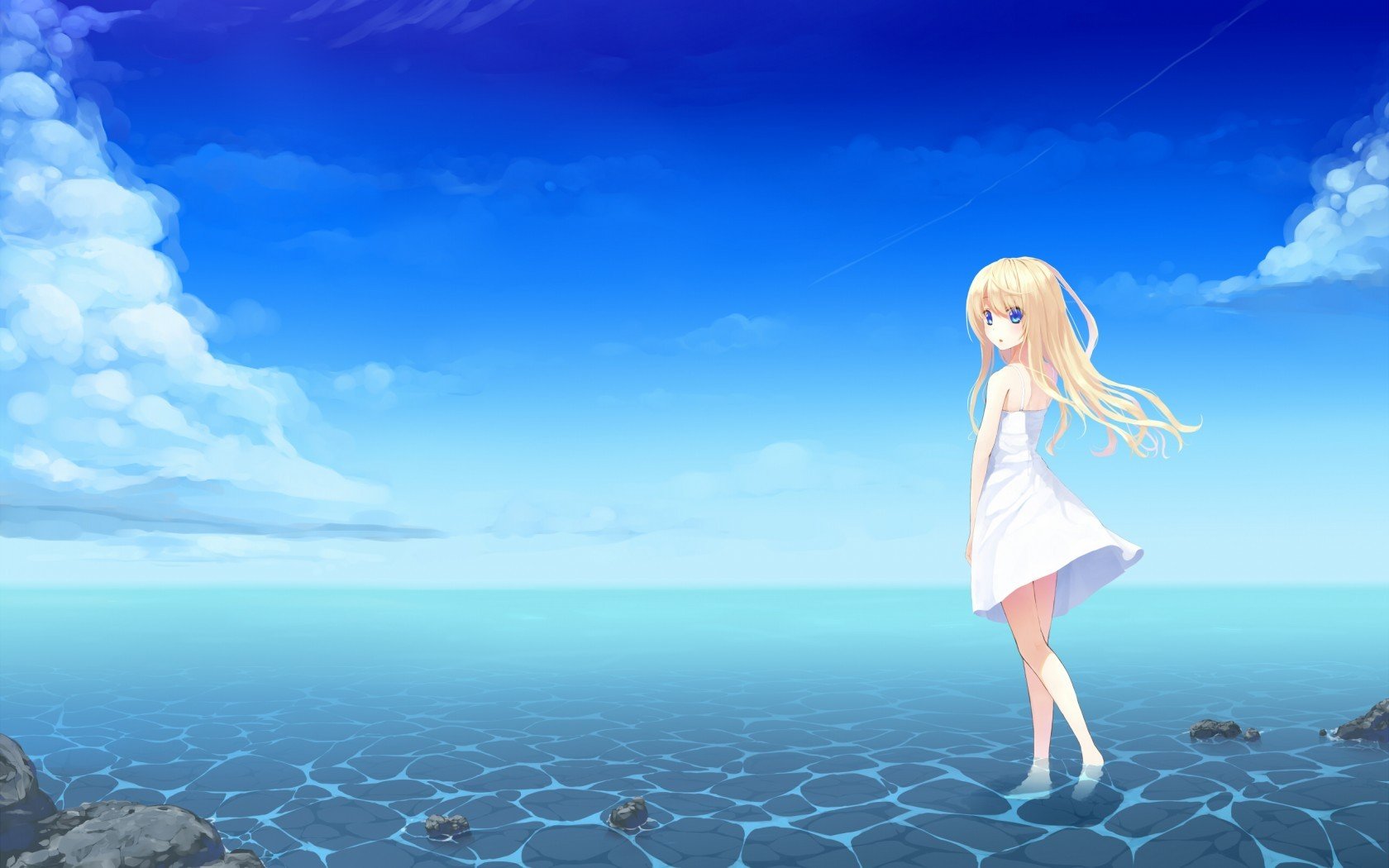 anime girls, Sea, White dress Wallpaper