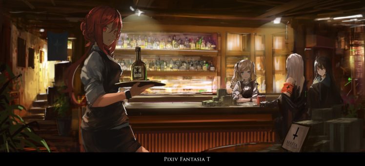 Pixiv Fantasia, Pixiv Fantasia T, Archer Natus, Original characters, Long hair, Bottles, Bar, Anime girls, Anime HD Wallpaper Desktop Background