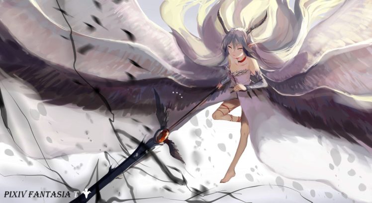 anime girls, Anime, Wings, Weapon, Pixiv Fantasia HD Wallpaper Desktop Background