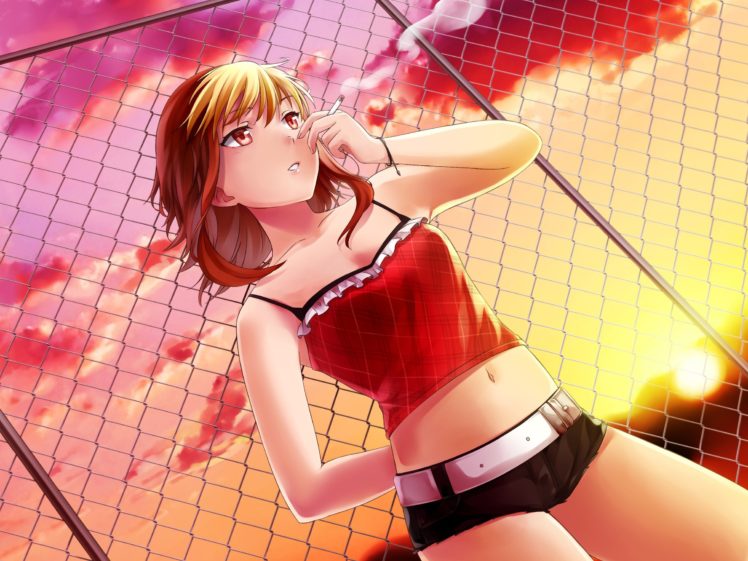 anime girls, Anime, Shorts, Smoking, Sunset, Navels, Hunie Pop HD Wallpaper Desktop Background