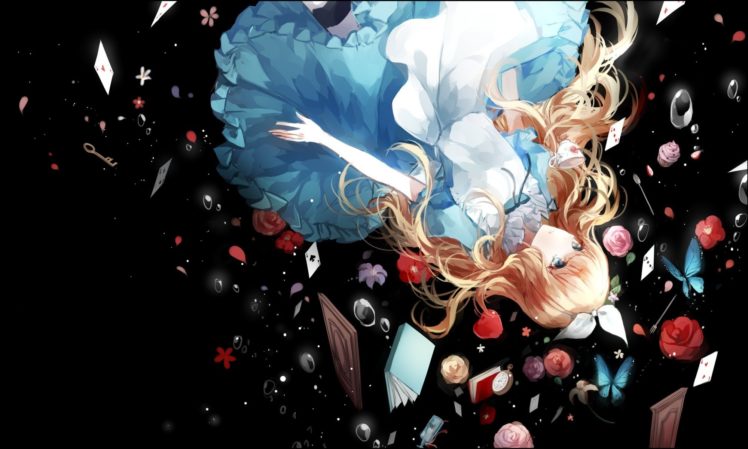 anime girls, Anime, Skirt, Long hair, Simple background, Playing cards, Alice in Wonderland HD Wallpaper Desktop Background