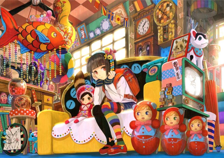 anime girls, Fuji Choko, Black hair, Hairband, Indoors, Original characters, Red eyes, Red shoes, Skirt, Short hair, Sitting, Striped leggings, Thigh highs HD Wallpaper Desktop Background