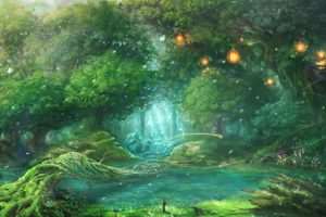 fantasy art, Forest, Trees, Birds
