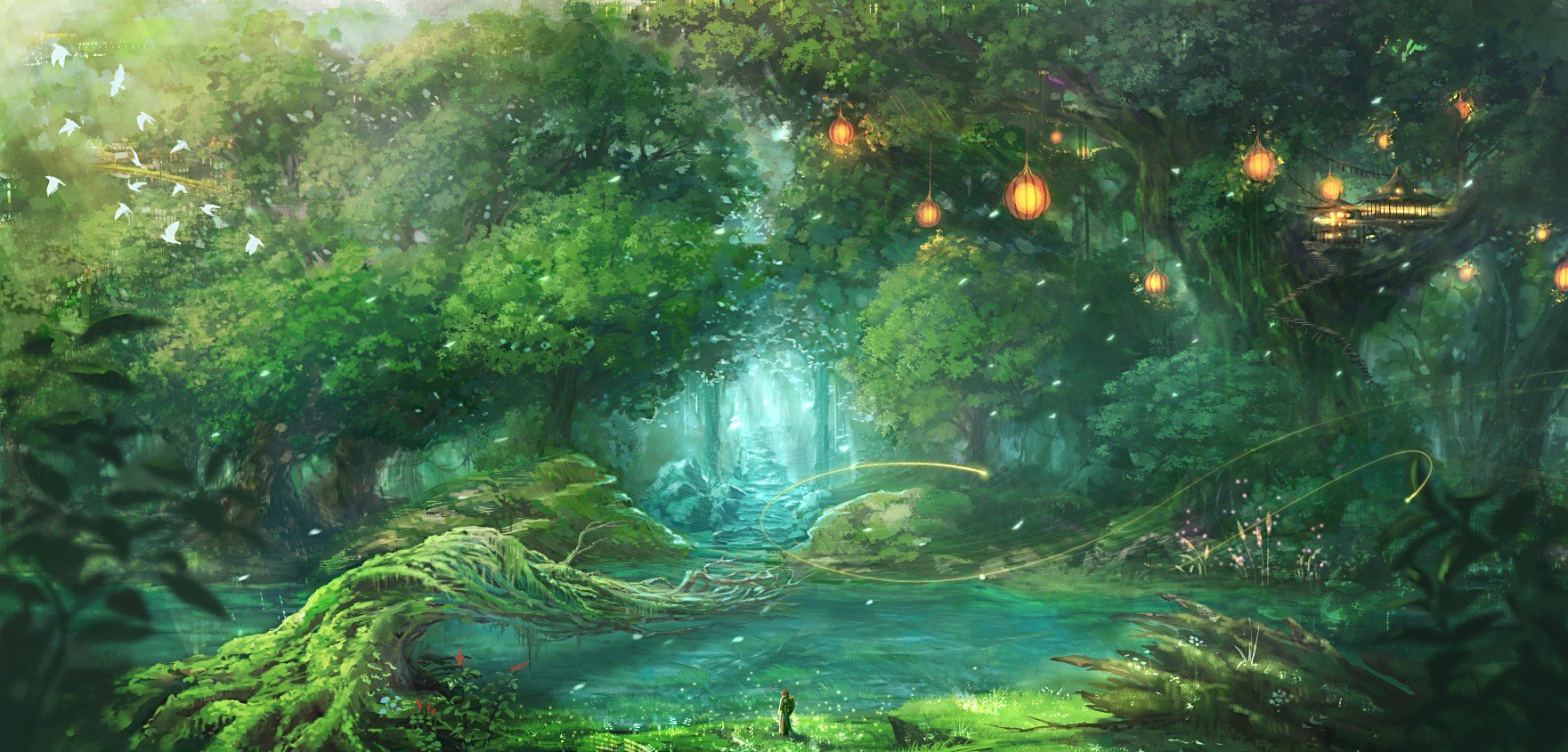 fantasy art, Forest, Trees, Birds Wallpaper