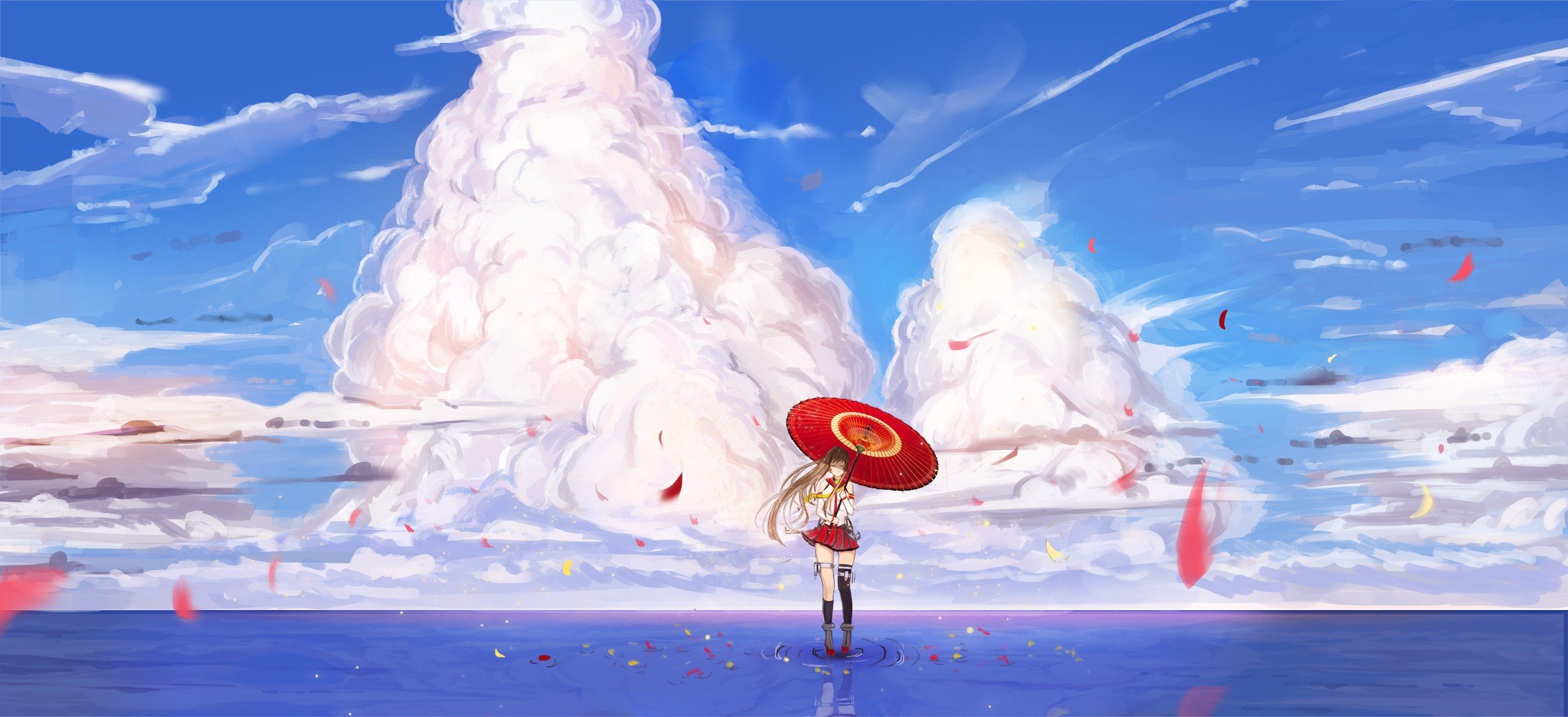 Kantai Collection, Umbrella, Clouds, Water, Yamato (KanColle) Wallpaper