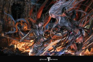 anime girls, Anime, Weapon, Long hair, Pixiv Fantasia, Sword, Skirt, Fire, Blue hair, Suits, Pantyhose, Bows