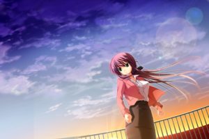 anime girls, Long hair, Sunset, Clouds