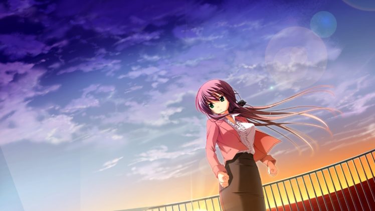 anime girls, Long hair, Sunset, Clouds HD Wallpaper Desktop Background