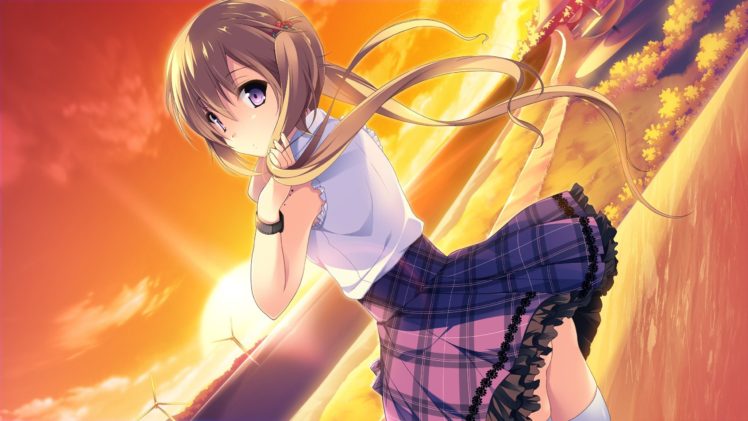 anime girls, Skirt, Long hair, Sun HD Wallpaper Desktop Background