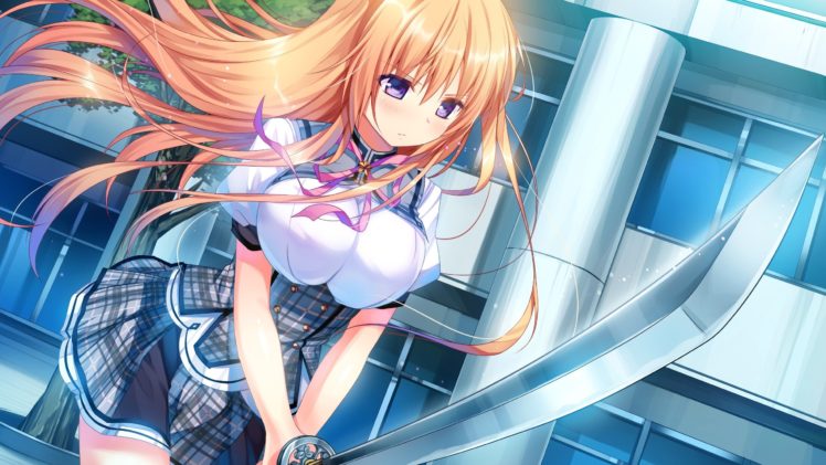 anime girls, Long hair, Sword, Skirt HD Wallpaper Desktop Background