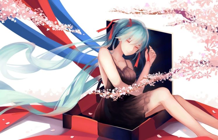 anime girls, Anime, Simple background, Long hair, Black dress, Legs, Skirt, Vocaloid, Hatsune Miku HD Wallpaper Desktop Background